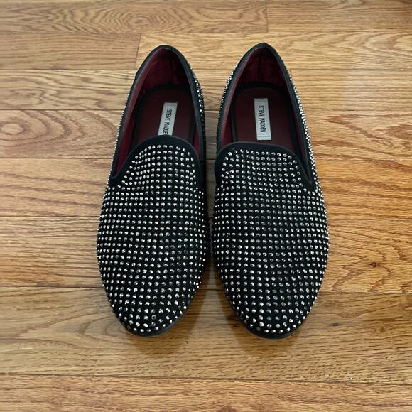 Steve Madden Rhinestone Loafers Mens 13 Black Leather Silver Bead Formal Shoes - Picture 2 of 8
